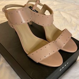 DKNY Leather Nude Ankle Strap Sandel Heel with Silver Studs